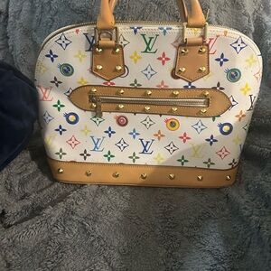 Multicolor Monogram Alma inspired Satchel - White with Tan Trim